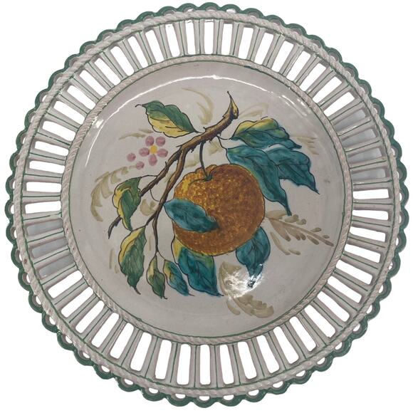 VTG Ugo Zaccagnini Italy Fruit Reticulated Plate MAJOLICA ORANGE Green Edge - Picture 1 of 4
